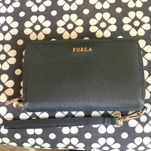 Black leather Furla wristlet wallet coin purse